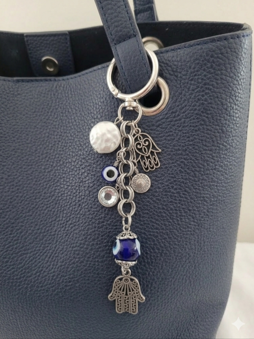 Boho Silver Hamsa & Blue Evil Eye Purse Charm